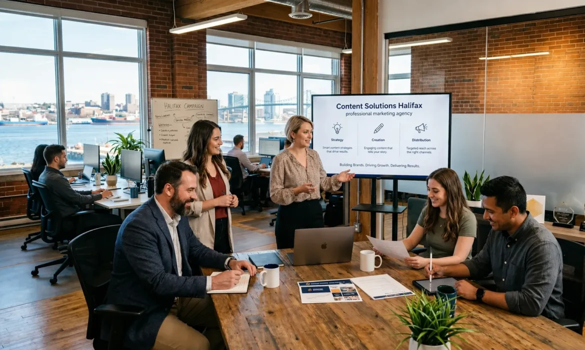 A Halifax content solutions strategy team conducting a professional marketing agency working session.
