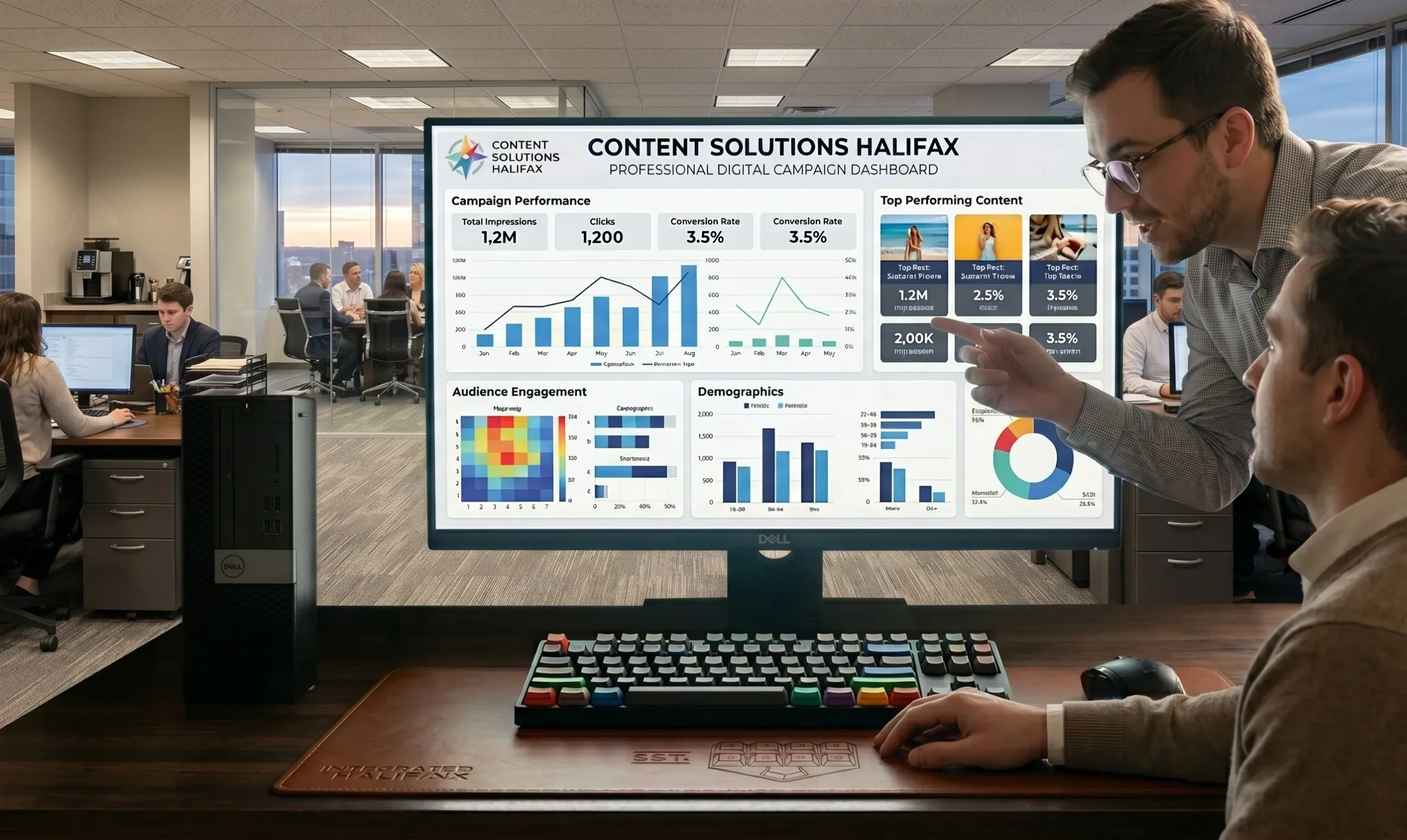 A professional digital campaign dashboard illustrating the performance of Content Solutions in Halifax.