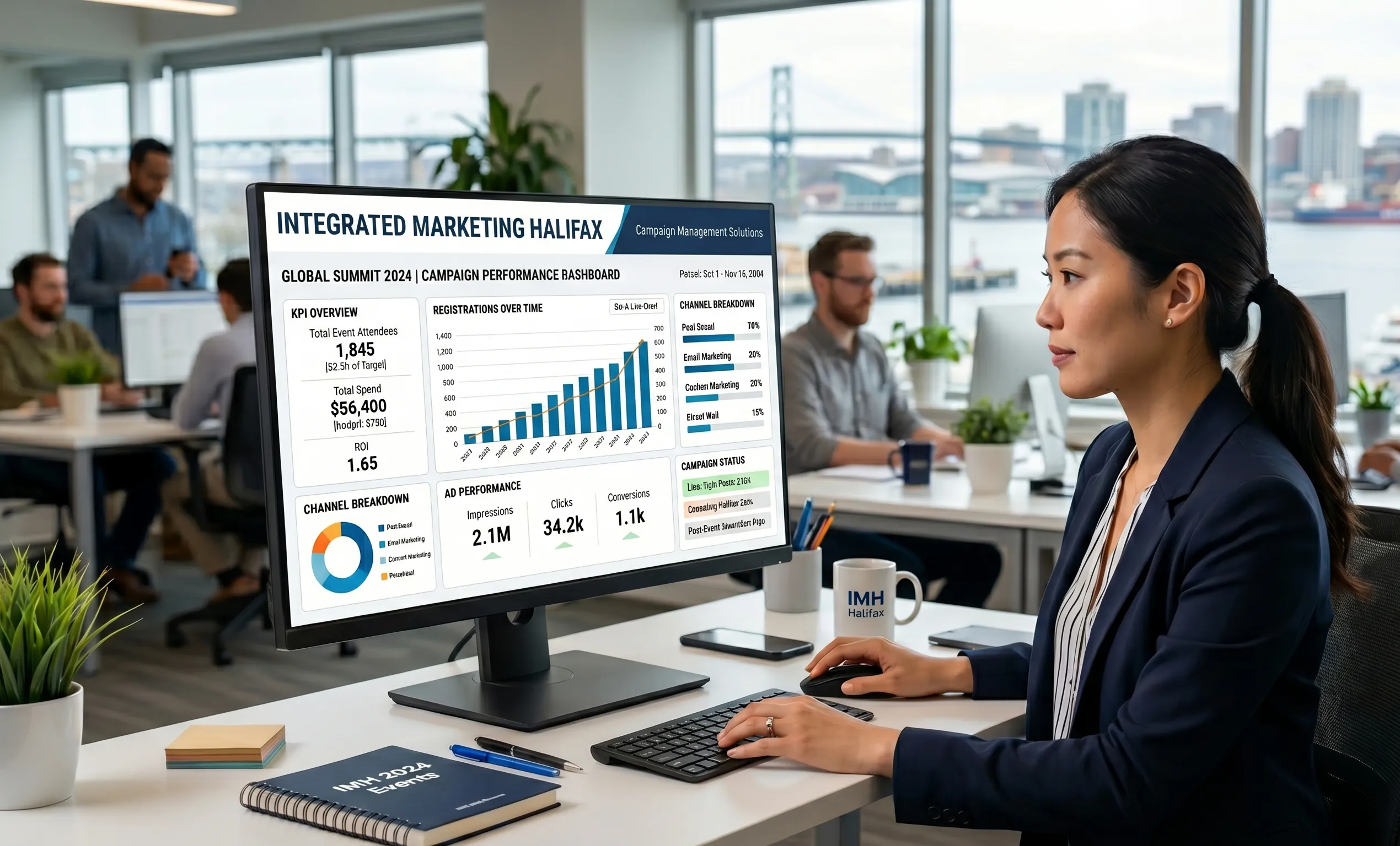 A professional digital campaign dashboard illustrating the performance and reach of Event Management Solutions in Halifax.