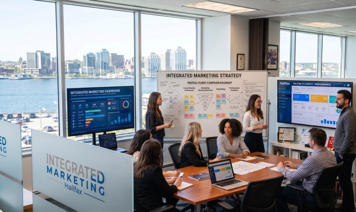 A Halifax Integrated Branding & Marketing strategy team conducting a collaborative working session for a local campaign.