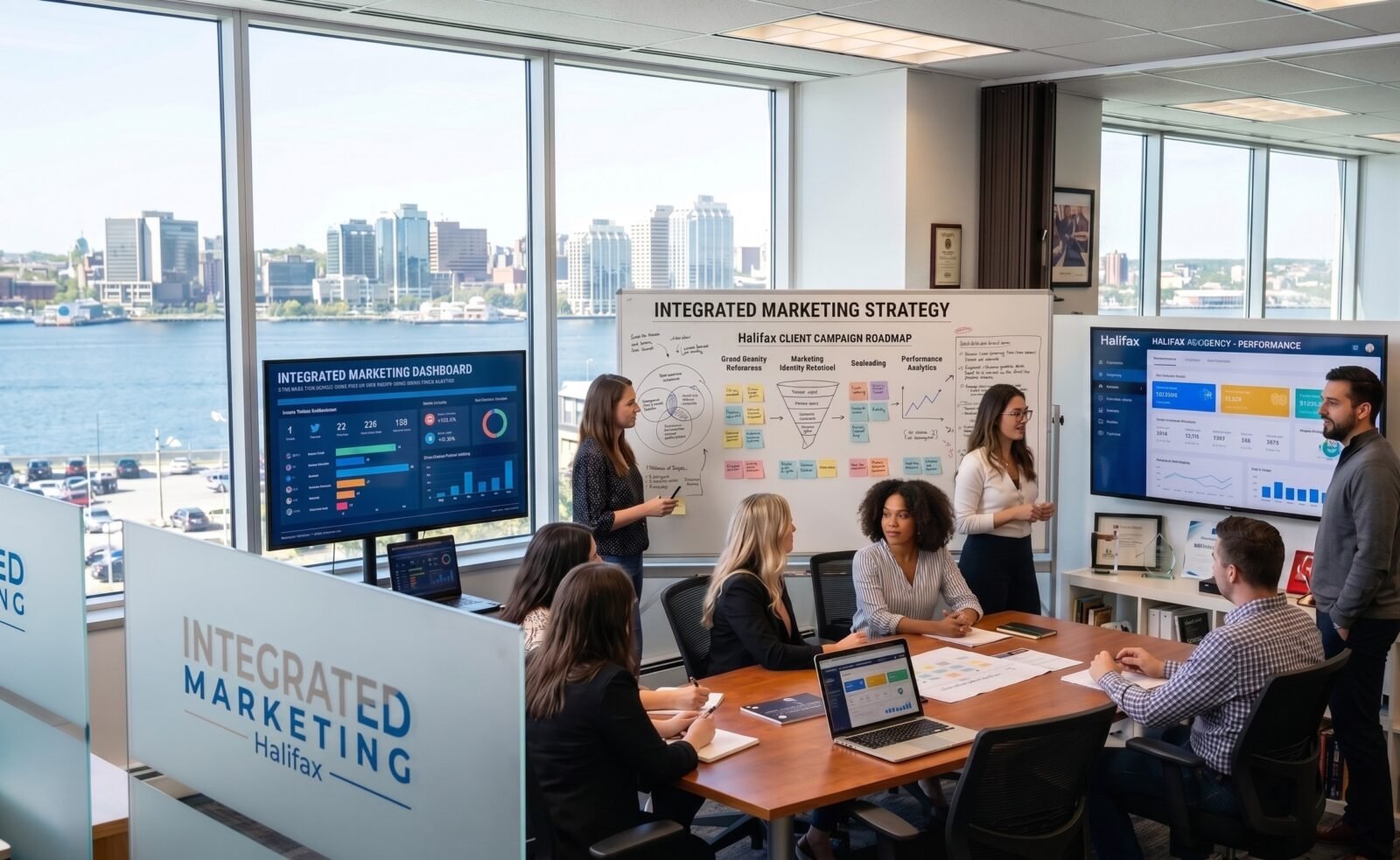 A Halifax Integrated Branding & Marketing strategy team conducting a collaborative working session for a local campaign.