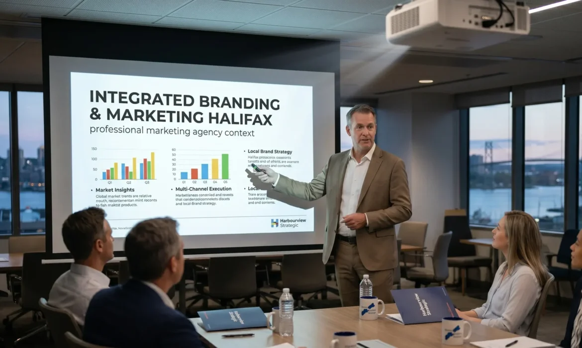 A Halifax Integrated Branding & Marketing strategy team in a professional marketing agency working session.