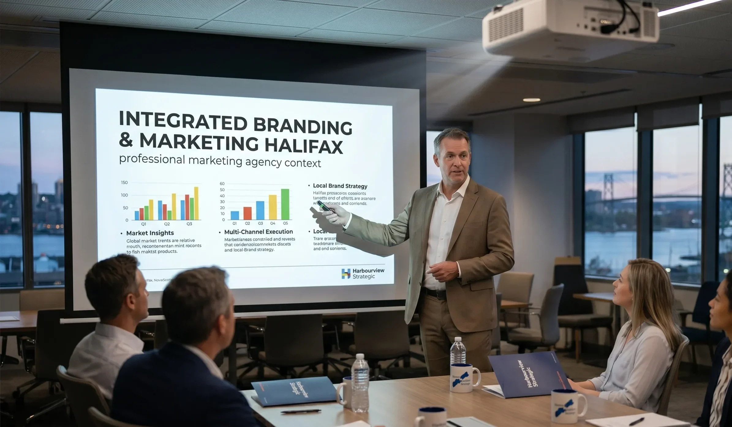 A Halifax Integrated Branding & Marketing strategy team in a professional marketing agency working session.