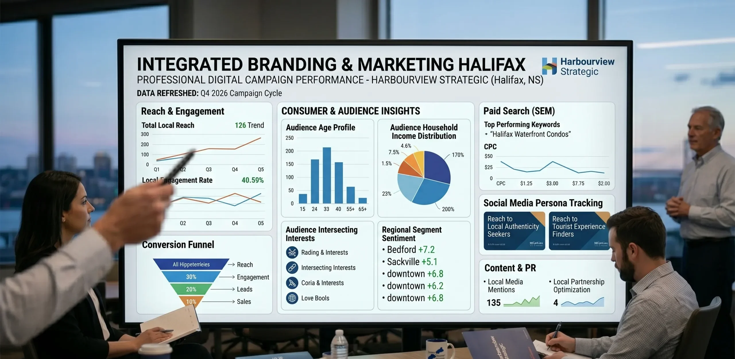 A professional digital campaign dashboard showing Integrated Branding & Marketing Halifax performance metrics.