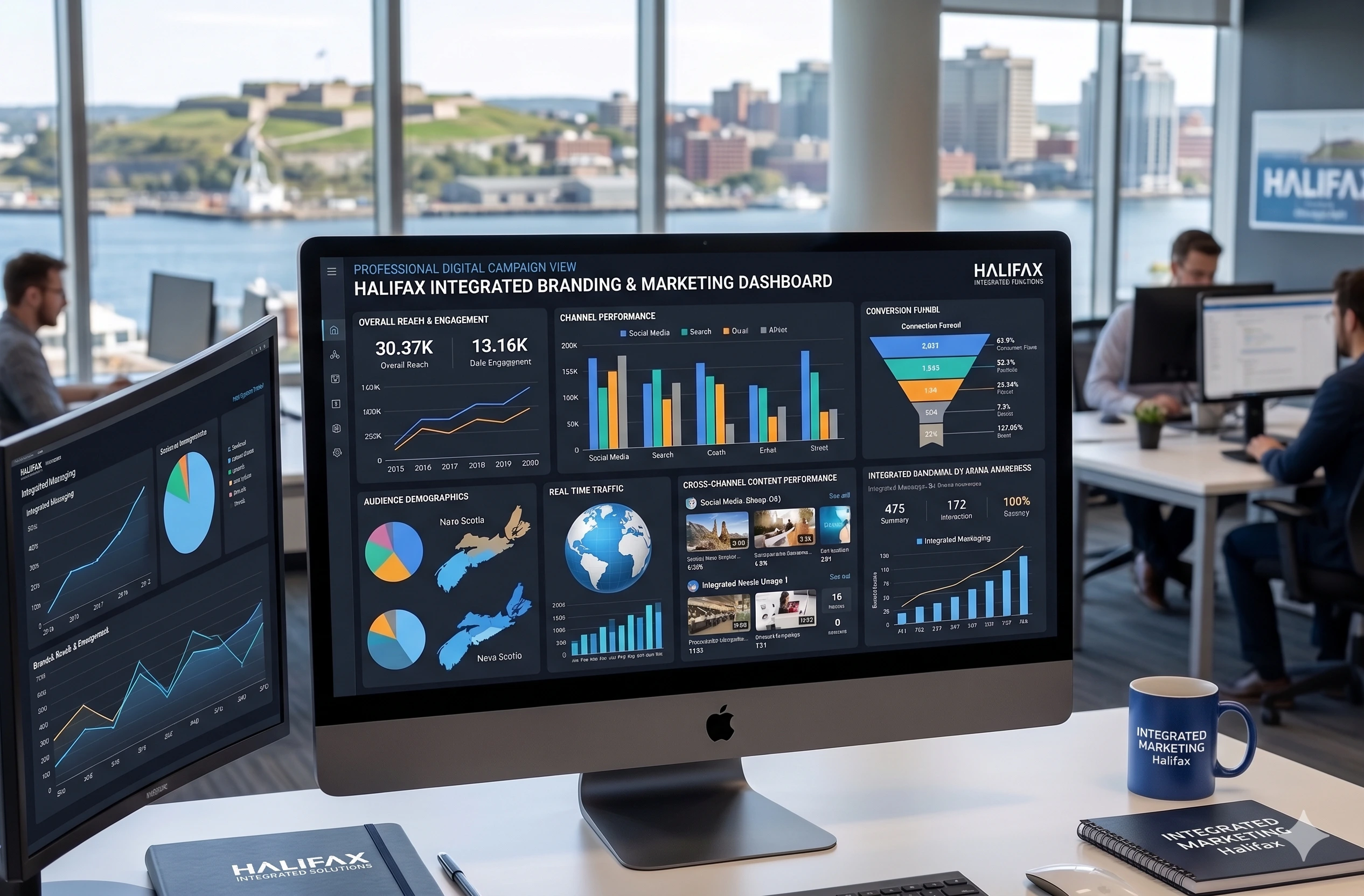 A professional digital campaign dashboard illustrating the performance of an Integrated Branding & Marketing Halifax strategy.