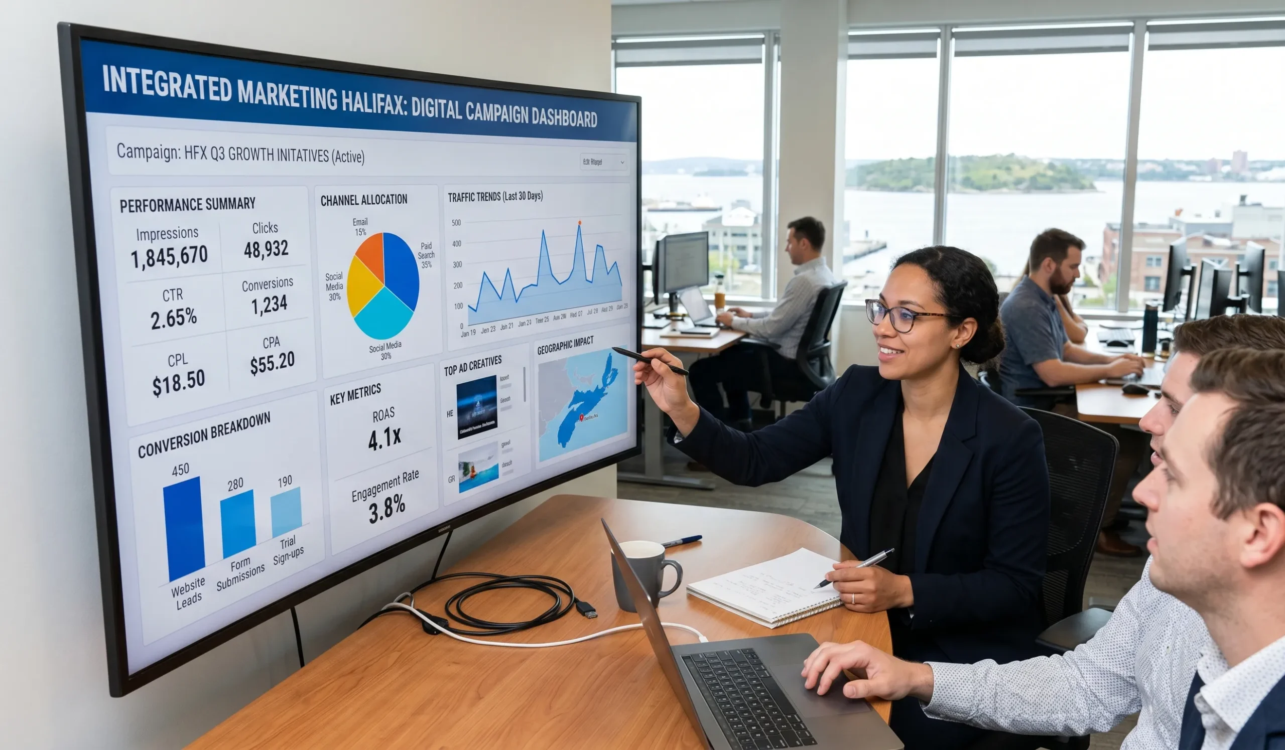 A professional digital campaign dashboard view illustrating the performance of Integrated Marketing Solutions in Halifax.