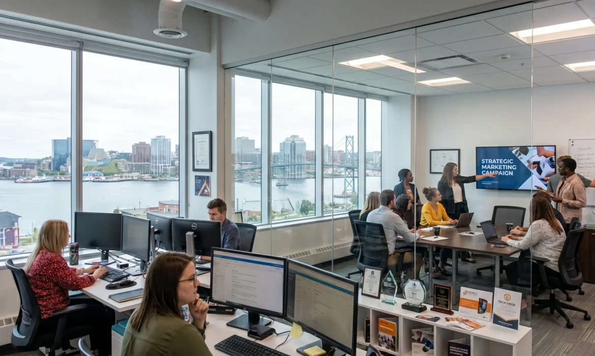 A strategic marketing strategy team working session at a professional Halifax marketing agency.