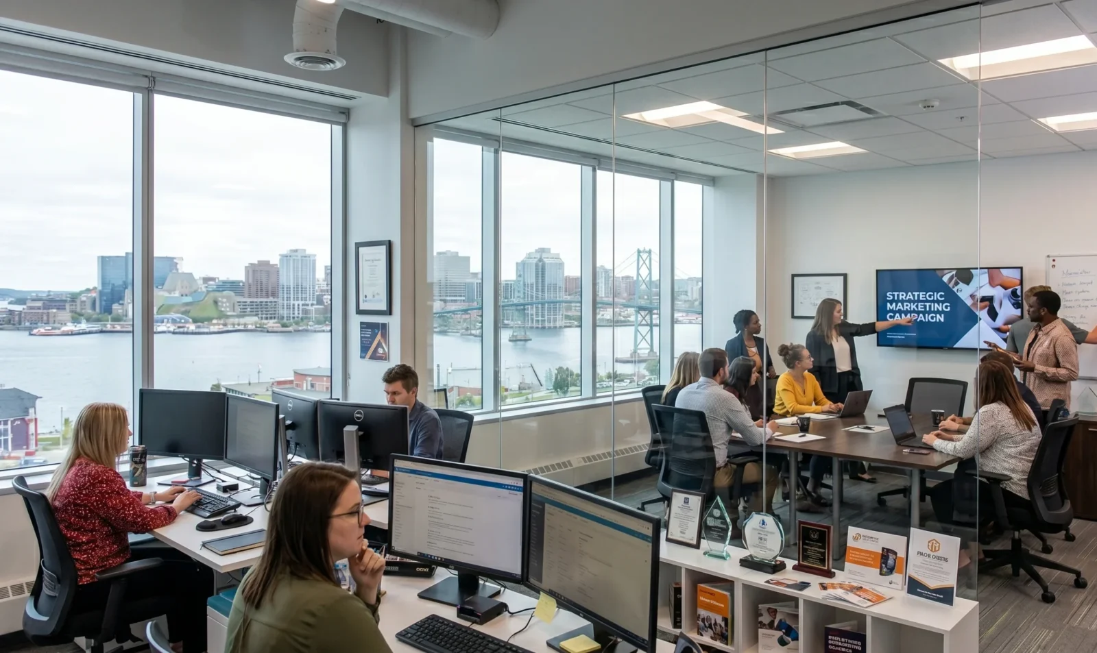 A strategic marketing strategy team working session at a professional Halifax marketing agency.