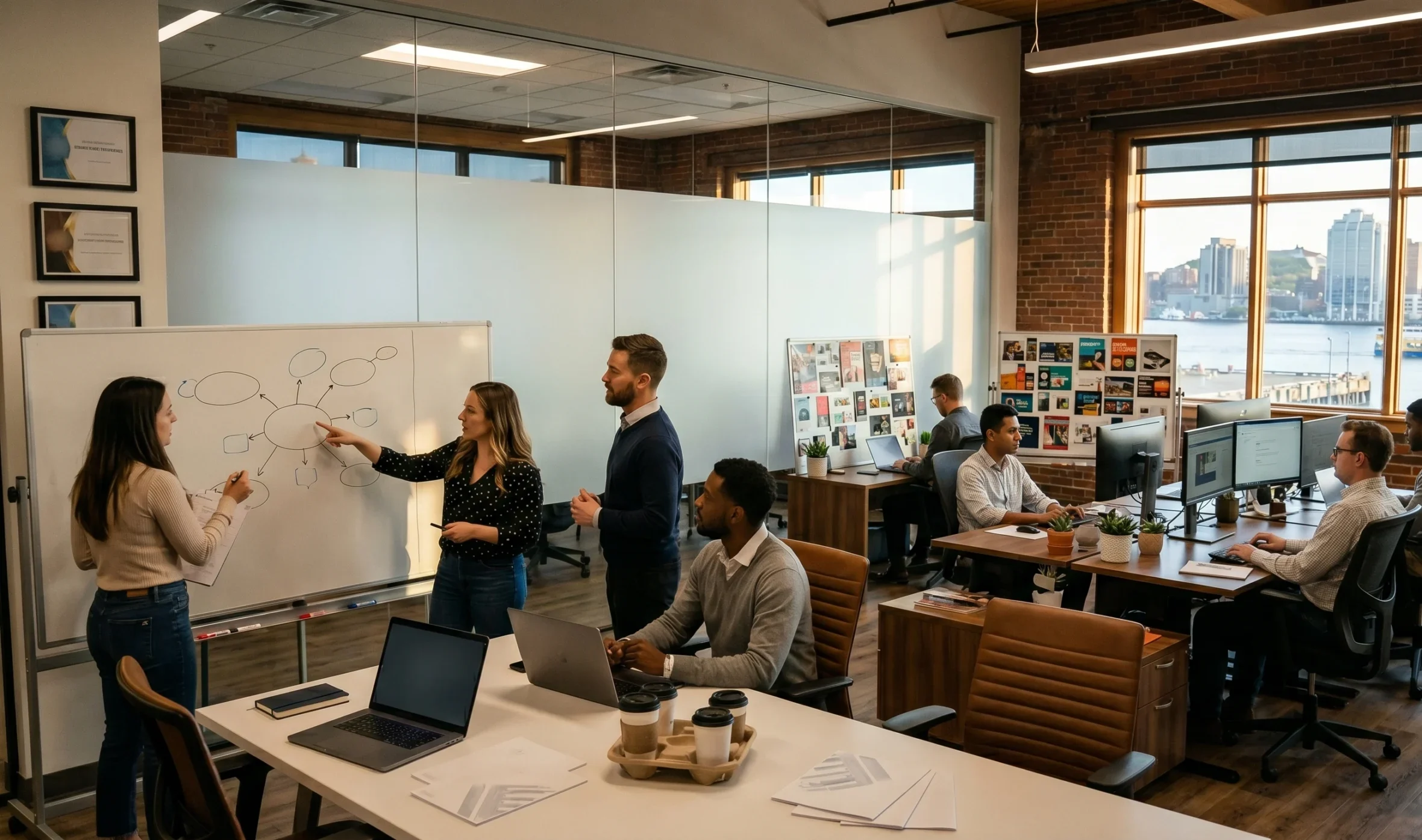 A modern marketing agency workspace in Halifax showing digital campaign planning dashboards.