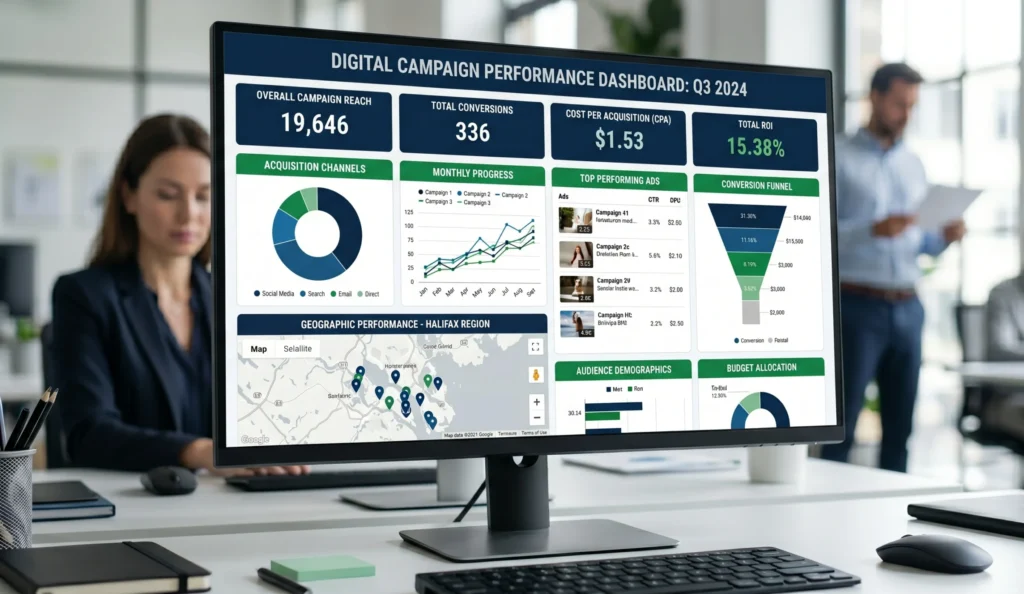 A professional digital campaign dashboard view illustrating Halifax planning solutions and performance metrics.