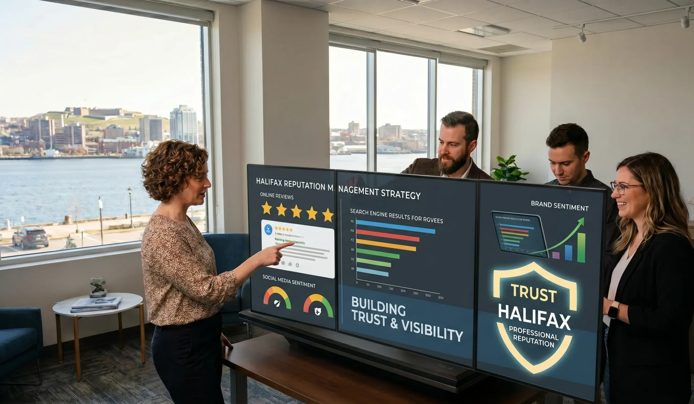 A marketing strategy team working session at Integrated Marketing Halifax focusing on reputation management.