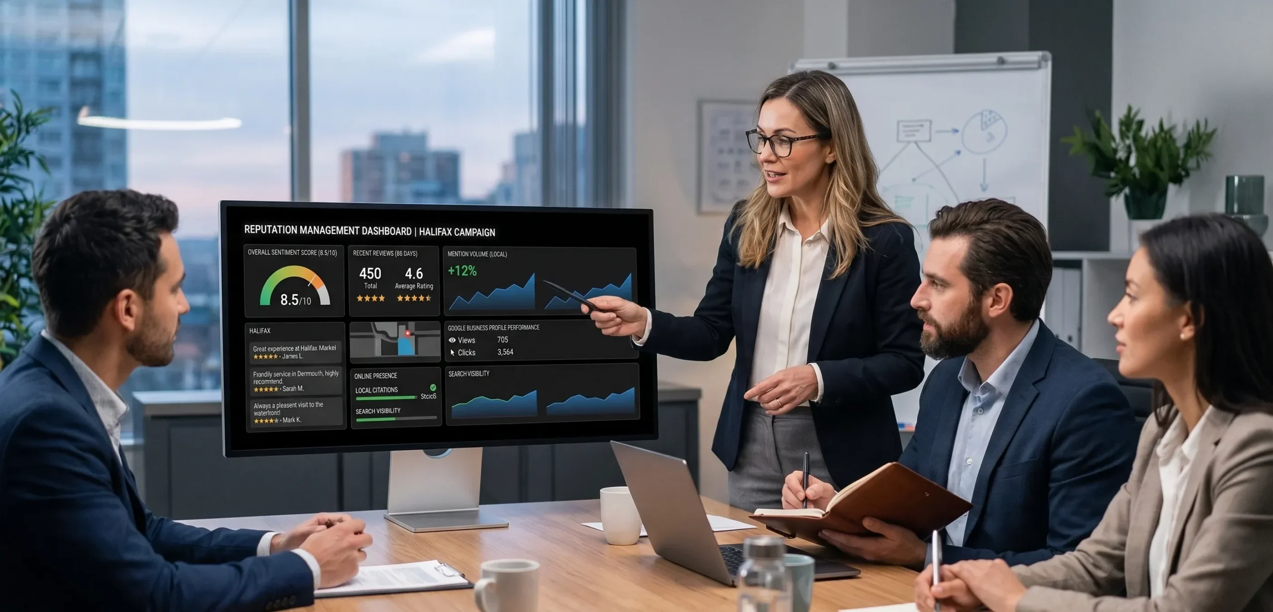 A professional digital campaign dashboard view showing reputation management in Halifax performance metrics.