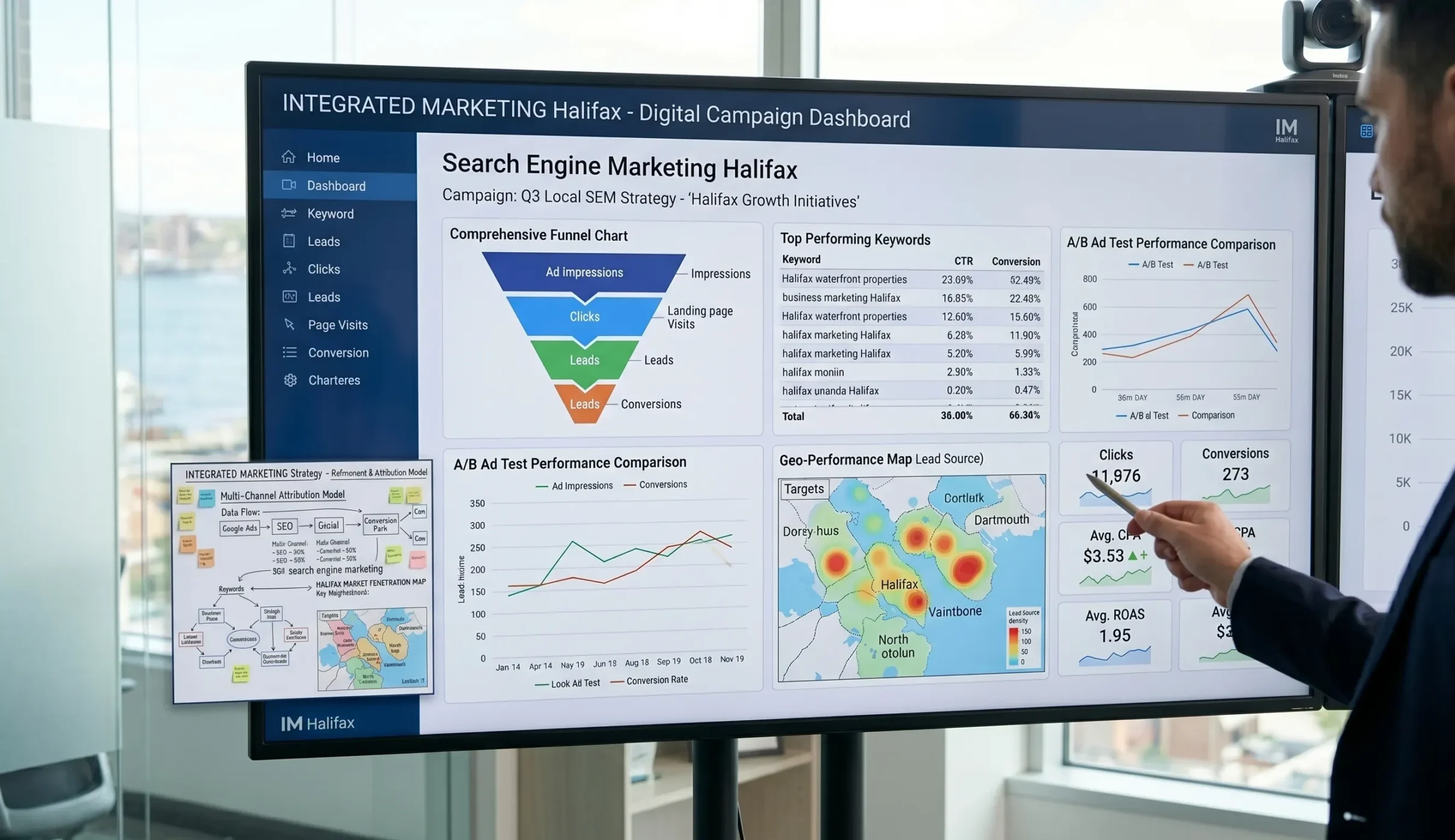 A professional digital campaign dashboard view showing Search Engine Marketing Halifax performance and lead growth.
